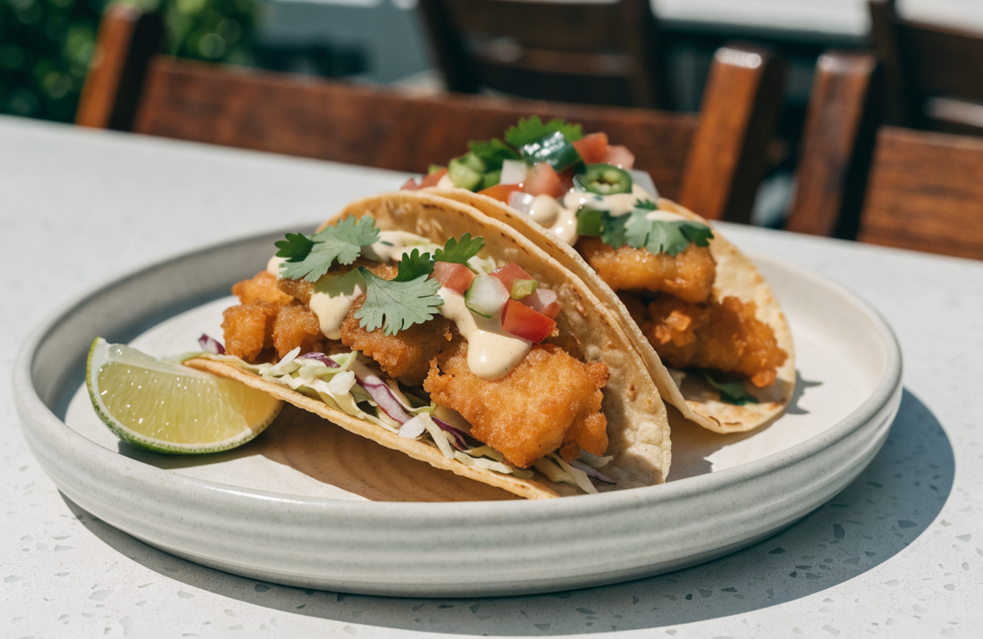 Crispy Fish Tacos with Slaw and Lime Crema